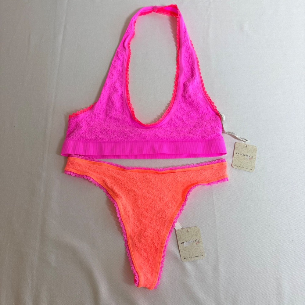 Free People Bralette Thong Set M/L Pink Orange NEW Neon Lace Halter Lingerie